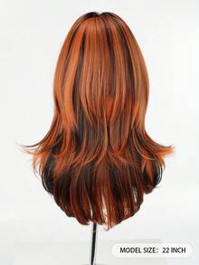 22Inch Orange Black Ombre Medium-Length Wig With Bangs For Women, Dark Roots Soft Heat-Resistant Full Machine Synthetic Straight Wigs For Party Cosplay Halloween Wear, Music Festivals Celebrations Use For Daily Party Use Or Treat Wear Beginners - Multicolor - View 5