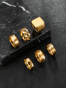 Hipoem 6pcs Fashion Stainless Steel Men's Ring Set With Large Square, Twisted, Football Elements, Suitable For Daily Wear, Dating, Halloween Party, Holiday Accessories - Gold - View 4