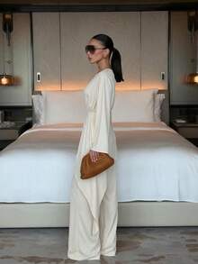 Women's Elegant Long Sleeve Round Neck Woven Jumpsuit - Apricot - View 2