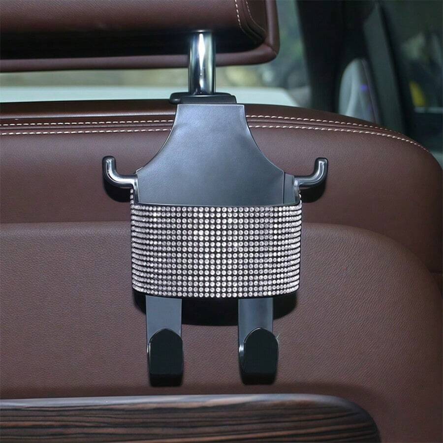 1pc New Rhinestone Multi-Function Car Seat Storage Cup Holder, 2-In-1 Integrated Hook Design, Made Of Durable ABS Material, Easy Installation, Can Hang And Store Miscellaneous Items, Place Water Cups, Convenient To Carry, Luxury Decoration, Practical Car Seat Back Storage Interior Accessory - Rhinestone Storage Cup Holder - View 1