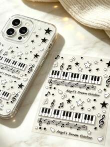 1 Set, Sticker, Retro Musical Theme, Ins Minimalist Style, Black And White Tone, Piano Key, Music Note, Star And Wing Motif, Surface Decoration, For Personal Item Embellishment, Daily Decorative Use - RQ1370 - View 3