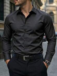 Camisa de hombre negra de invierno básica casual de negocios para oficina con cuello alto, unicolor, botones y manga larga, camisa formal estilo - Café integral - Ver 10