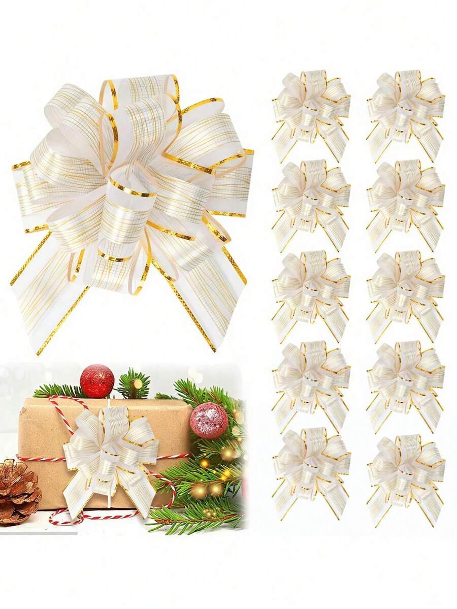 6 Pieces - Ruffled Bow Gift Wrapping Ribbon Bow, Used For Packaging Boxes And Decorations, Gift Wrapping For Wedding Baskets, Birthday Party Gift Boxes And Flower Decorations, Christmas Gift Decorations, Christmas Party Supplies (White) - AA - View 1