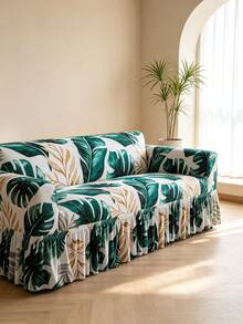 1pc Tropical Banana Leaf Southeast Asian Style Ruffled Sofa Cover Geometric Pattern Printed Living Room Elastic Spandex Sofa Protector Full Cover For L-Shaped Chaise Lounge Sofa Cushion 1/2/3/4 Seater - Multicolor - View 9