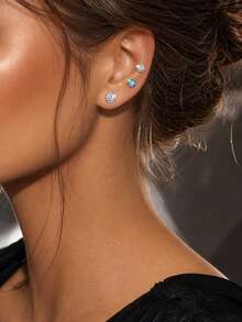 VceTd 1PC Fashion Elegant Dopamine Color Round Cubic Zirconia Inlaid Stainless Steel Women's Stud Earrings Suitable For Daily Wear, Vacation, Fashion Street Style Or Gift - Silver - View 4