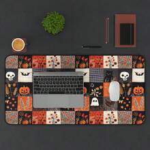 1pc Large Halloween Patchwork Pumpkin Mouse Pad, Vintage Black Cat Skull Ghost Bat Retro Desk Mat, Non-Slip Gaming Keyboard Pad - View 3