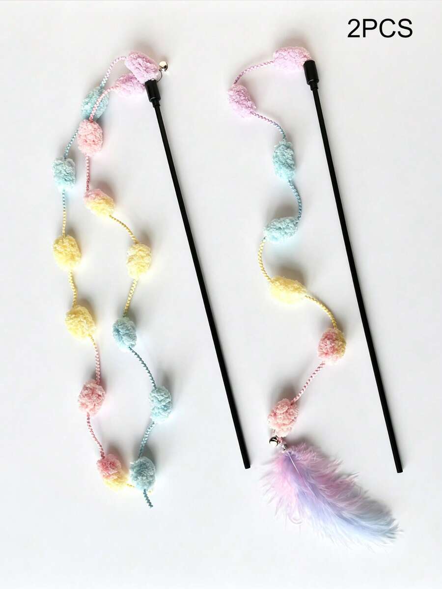 2pcs Cat Teaser Wand With Bell, Self-Entertainment Pet Toy - Multicolor - View 1