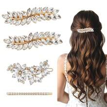 4pcs Set Rhinestone Hair Clips Spring Clips Women Hair Accessories Gold Bridal Daily Wedding Party - Gold - View 10