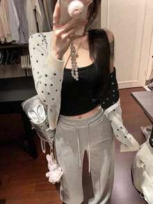 女款圓領針織開襟衫，寬鬆慵懶顯瘦短版夾克上衣 - 杏色 - 查看 6