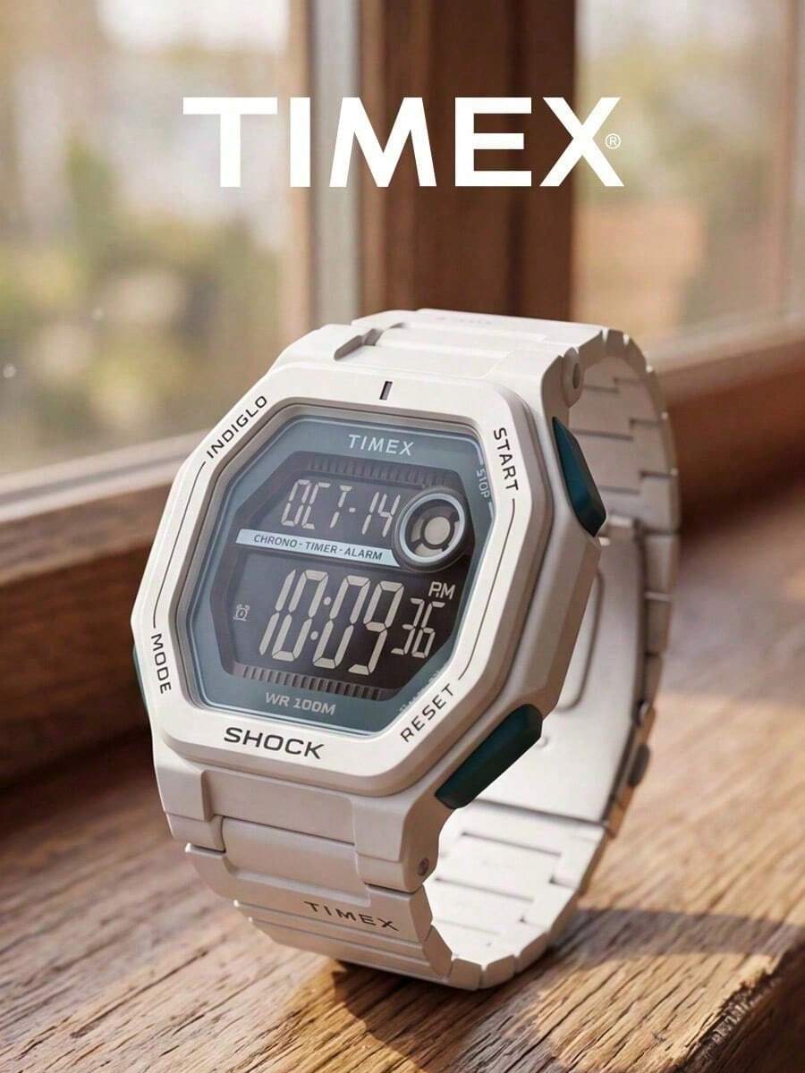 Men's TIMEX Digital Sports Watch Off-White Resin Strap Square Display Shock Resistant 100M Water Resistant Chronograph Alarm Outdoor Watch - White - View 1