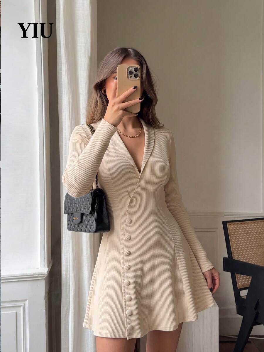 YIU Women's Elegant Ribbed Knit A-Line Short Dress, Button Neckline Design, Long Sleeve Casual Vintage Style, Suitable For Autumn Wear. - Apricot - View 1