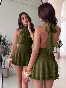 Elegant Halter Neck Backless Mini Dress, Layered Ruffle Hem, Wedding Style - Army Green - View 1