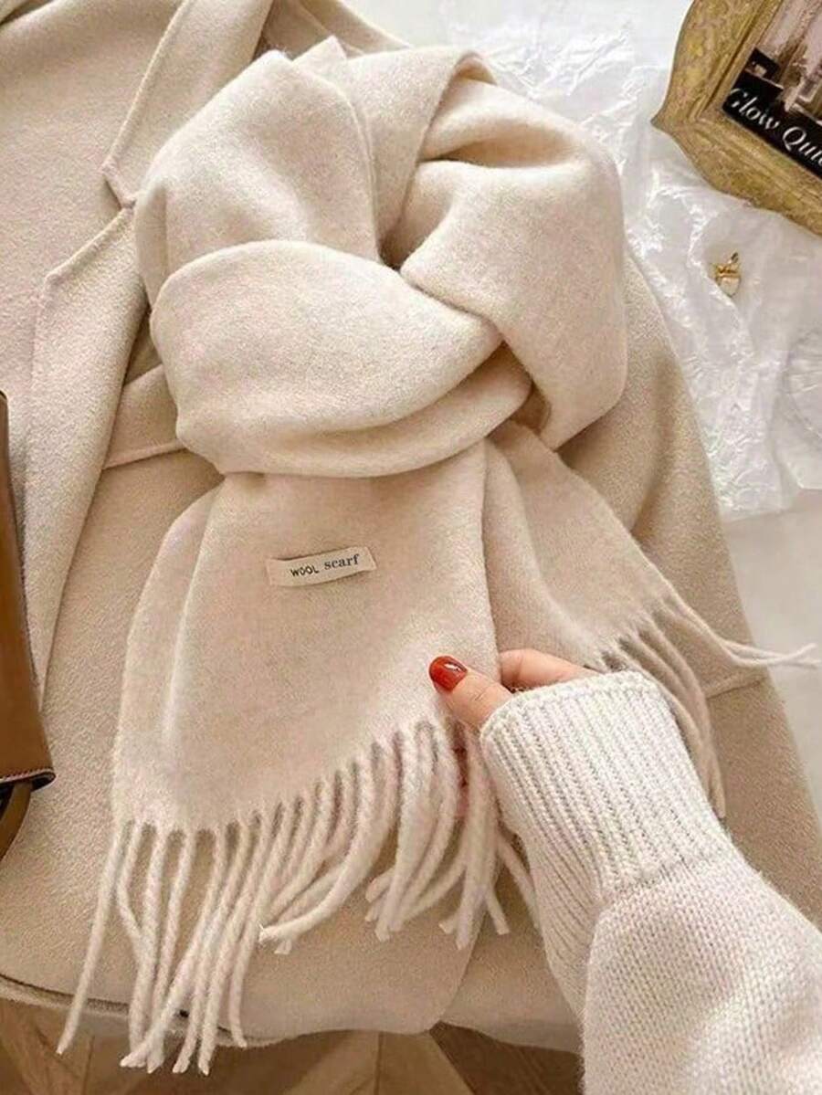 Autumn/Winter Korean Style Solid Color Tassel Women's Scarf, High-End Warm Knitted Neck Warmer - Beige - View 1