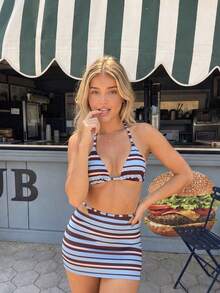 HOTTIE HABIT Women's Blue Striped Triangle Bikini Set, High Waist Skirt Swim Set, Ruched Spaghetti Strap Beach Vacation Swimwear - Multicolor - View 2