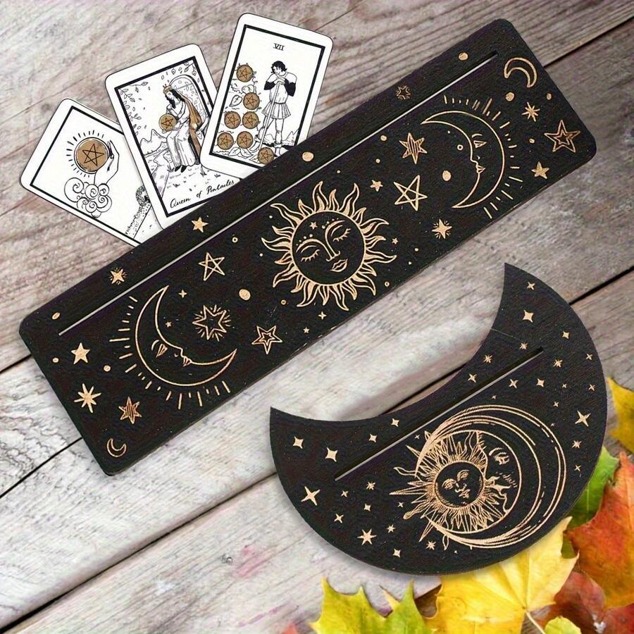 2pcs Wooden Tarot Card Holders - Moon & Sun Design, Witchcraft Style Display Stand, Suitable For Cards And Handicrafts, Ideal For Parties And Events - Multicolor - View 1