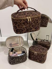 Women's Canvas Leopard Print Handheld Makeup Bag & Toiletry Storage Bag, Large Capacity Portable, Suitable As Birthday Gift For Girls And Working Women - Multiple Styles and Colors - View 4