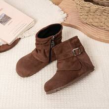 Kids Buckle‑Decor Stacked Ankle Boots, Side‑Zipper Wrinkle‑Collar Short Boots For Daily Casual Outing - Coffee Brown - View 4