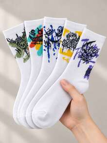 ZHIYITANG Random 1 Pair/5 Pairs Men's Mid-Calf Socks, Graffiti Print Street Style, Soft Comfortable Breathable Casual Socks, Colorful Pattern, Versatile For Daily Wear, Spring/Autumn - Multicolor - View 5