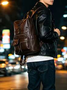 Men's Vintage Leather Backpack, Casual Business Rucksack With Multiple Zipper Pockets, Classic Travel School Bag For Men - Coffee - View 8