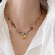 1 pieza Collar Bohemio de Piedra Natural con Cuentas y Dije de Elefante Dorado (La Cantidad y el Color de las Cuentas son Aleatorios, Por Favor Compre con Cuidado si Le Importa) - Multicolor - Ver 1