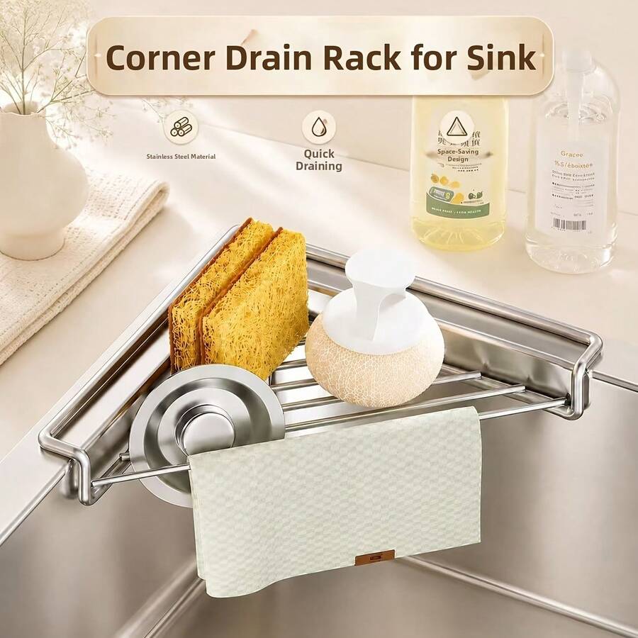 1PC Stainless Steel Sink Caddy, Triangular Kitchen Sink Organizer Rack, Space-Saving Sponge Holder For Dish Soap, Dishcloths, Brushes, Scrubbers And Cleaning Supplies, Kitchen Countertop Storage Organizer