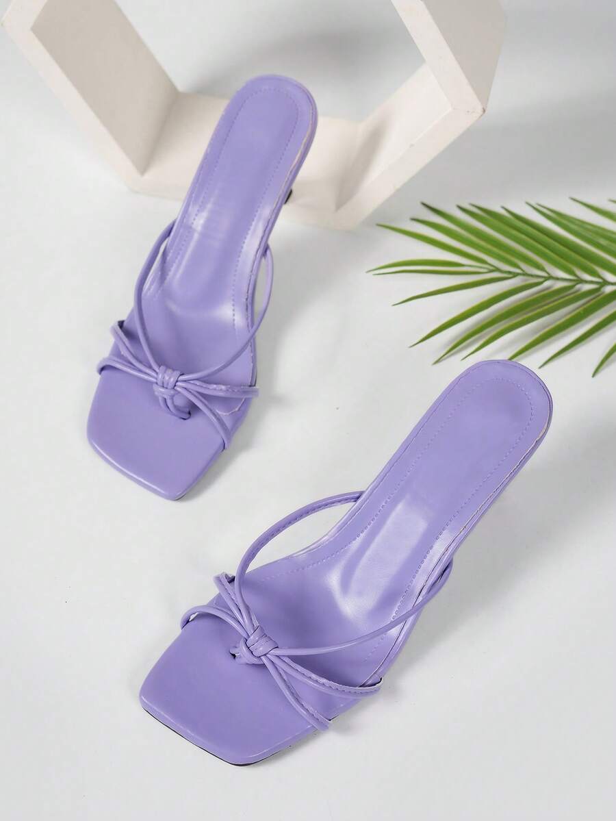 Women's French Square Toe Multi-Strap Knot Toe-Clip Design Silver High Heel Sandals, Fashionable Minimalist Elegant Style, Suitable For Dresses, Dating And Party Wear - Mauve Purple - View 1