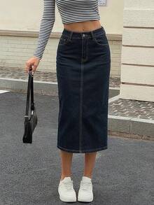 Women's Dark Wash Denim Bodycon Knee-Length Skirt With Pockets And Button Closure, Casual Everyday Style - Dark Wash - View 6