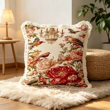 1PC French Floral And Bird Print Pillow Cover With Tassel Border, Double-Sided Decorative Pillowcase, French Vibrant Floral And Bird Patterns, Home Decor, Sofa, Bed, Bedroom(Excluding Pillow Core)-Size Excludes 3cm Tassels - Multicolor - View 6