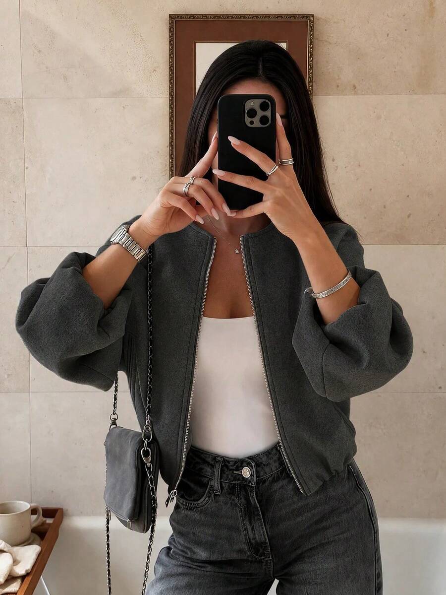 Women Solid Color Zip-Up Short Jacket With Pockets, Casual Long Sleeve Soft Bomber Jacket, Versatile Minimalist Design For Autumn/Winter Spring - Dark Grey - View 1