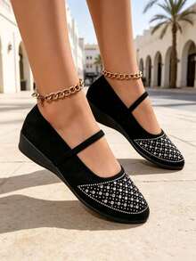 Elegant Women's Shoes-Rhinestone-Embellished Mary Jane Wedges; Suitable For Halloween, Christmas, And Everyday Wear. - Black - View 5