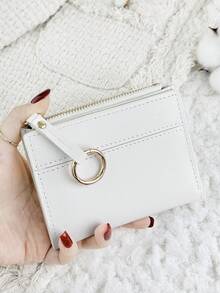 Women's Multi-Function Short Zipper Wallet, Foldable Card Holder With Snap Closure, Small Ring Wrist Strap Decor, Suitable For Outdoor Use - White - View 2