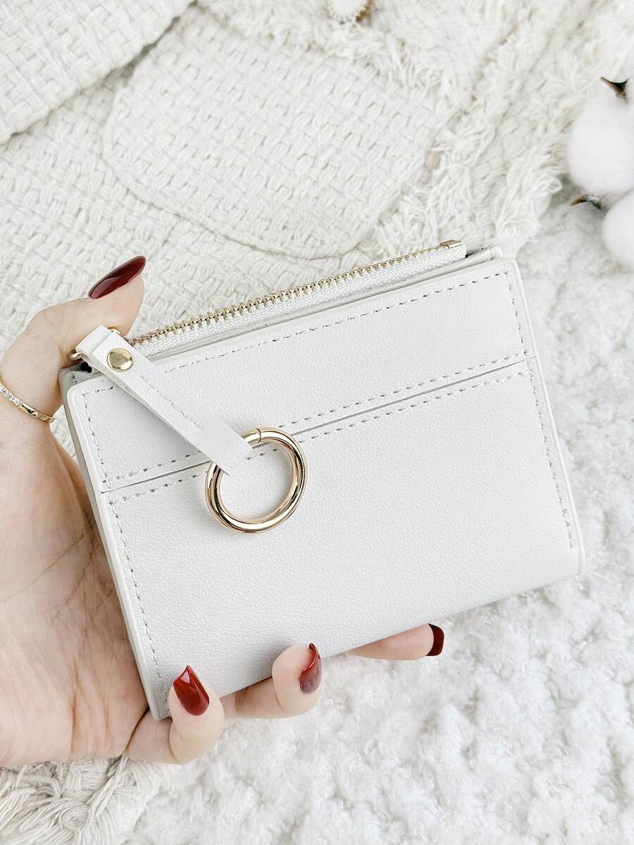 Women's Multi-Function Short Zipper Wallet, Foldable Card Holder With Snap Closure, Small Ring Wrist Strap Decor, Suitable For Outdoor Use