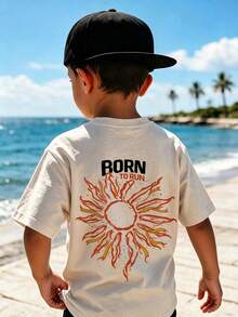 Baby Boy Street Style T-Shirt, "Sleeping In The Sunshine" Sun Print Short Sleeve Top, Soft, Suitable For Daily Play And Outdoor Activities - Apricot - View 8