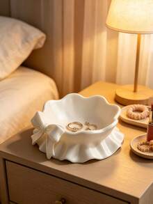 1pc Cream White Bowknot Ceramic Jewelry Tray, Ruffled Edge Decorative Trinket Dish, Tabletop Ring Necklace Earring Storage Holder - Multicolor - View 13