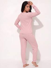 2-delars set med dam-loungewear med V-ringning och manschetter, elegant pyjamas-set i ribbstickat material med rund hals och lös passform, passar för våren - Rosa - Visa 3