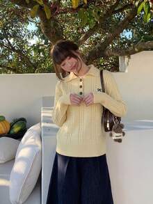 Women's Lazy Turn-Down Collar Cable Knit Loose Embroidered Vintage Sweater, Commuter Versatile Slimming Top - Yellow - View 2