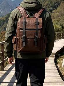 Men's Vintage Leather Backpack, Casual Business Travel Rucksack With Multiple Pockets, Classic Waterproof School Bag For Men - Coffee - View 6