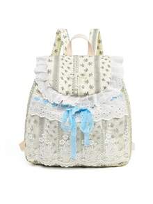 Lace Trim Ditsy Floral Backpack, Vintage Pastoral Style, Oxford Fabric, Bowknot Drawstring, Sweet Girl Small Backpack - Multicolor - View 13