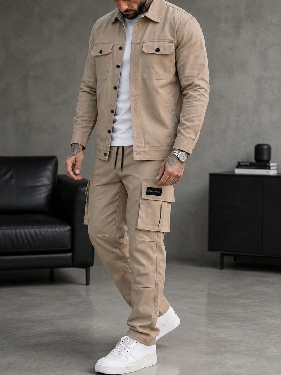 Setelan Kerja Pria 2 Potong, Jaket Berkerah dan Celana Kargo Lurus dengan Banyak Saku - Khaki - View 1
