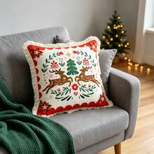 1PC Christmas Print Pillow Cover With Tassel Border, Double-Sided Decorative Pillowcase, Reindeer Flower Christmas Tree Pattern, Home Decoration, Sofa, Bed, Bedroom(Excluding Pillow Core)-Size Excludes 3cm Tassels - Multicolor - View 7