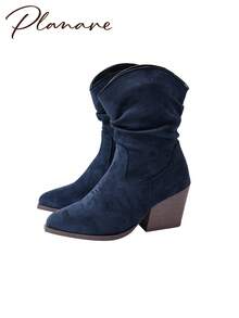 Women's Fashion Blue Suede Ruched Mid-Calf Boots, Slip-On Pointed Toe Chunky Heel Western Riding Boots, Autumn Wrinkled High Heel Long Boots, Slouchy - Blue - View 3