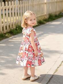 Girls' Cute Cat Print Casual Dress, Ruffle Sleeves, A-Line Skirt, Suitable For Vacation & Daily Wear In Summer, Girls Dress - Pink - View 5
