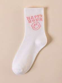 5 Pairs White Smiling Face Mid-Calf Socks, Women's Spring Polyester Cotton Breathable Sweat-Absorbent Student Sports Casual Socks - White - View 4