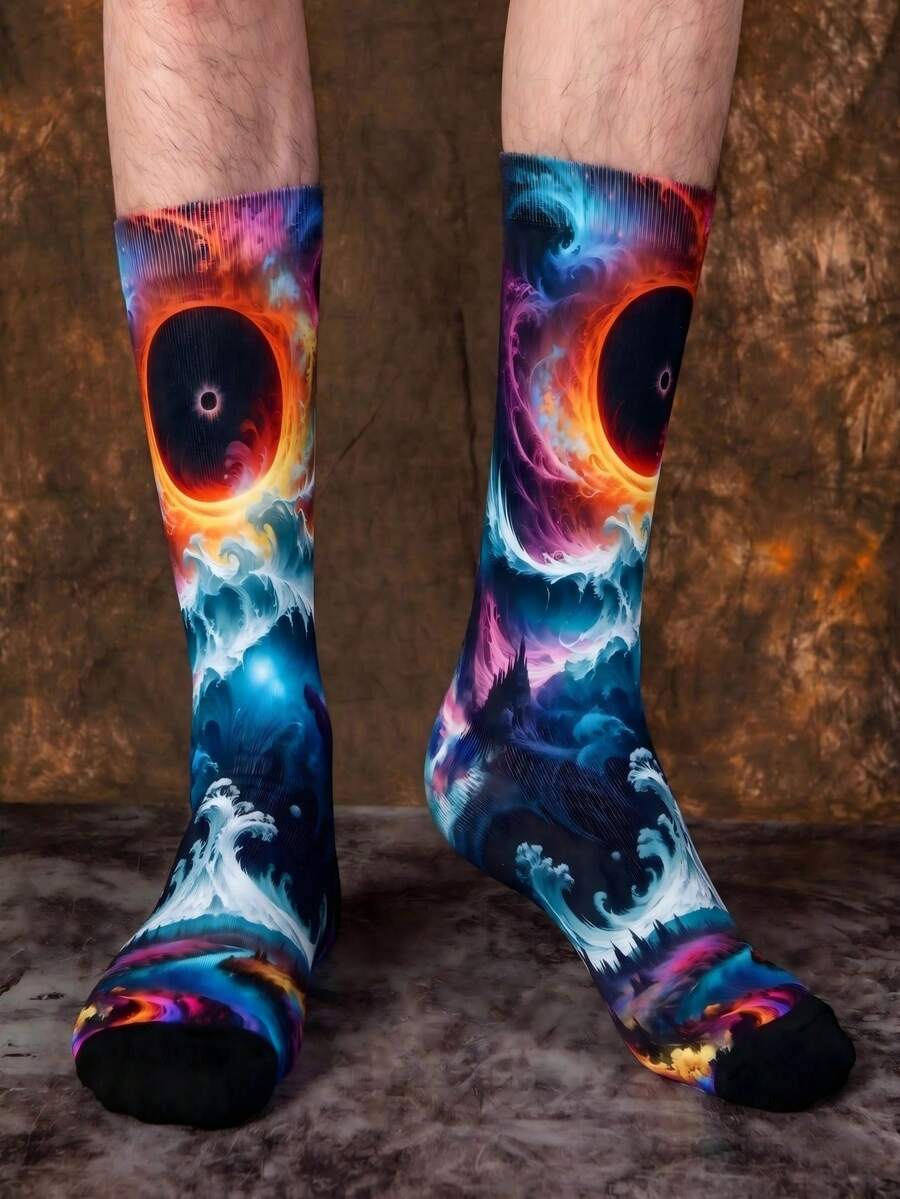 1/3 Pairs Japanese Ukiyo-E Wave & Starry Sky Socks, Colorful Black Hole ...