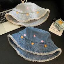3pcs Light Blue Denim Women's Bucket Hat, Embroidered Floral Frayed Edge Bucket Hat, Big Head Friendly Slimming Face Sun Protection Bucket Hat - Multicolor - View 2