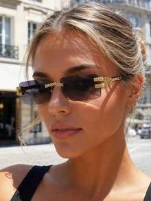 POLASUP 1pc Rhombus Pattern Solid Color Shiny Casual Bohemian Vintage Party Cute Elegant Street Style PC (Polycarbonate) Rimless Square Sunglasses, Rhinestone Metal Temples, Luxury Rhinestone Hot Girl Style Sunglasses, Y2K Rimless Fashion Women Sunglasses All Seasons - Multicolor - View 6
