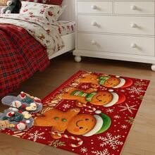 1pc Christmas Series Red Background Gingerbread Man Pattern Printed Faux Cashmere Surface TPR Bottom Doormat, Bathroom Mat, Kitchen Mat, Laundry Room Mat, Holiday Atmosphere Decor, Home Decor, Party Decor, Wedding Decor, Dining Kitchen Decor - Multicolor - View 6