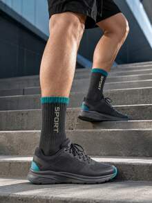 1/5 Pairs Random Men's Mid-Calf Socks, Multi-Color Contrast SPORT Letter Slogan Ribbed Cuff, Elastic Knit Breathable Moisture-Wicking Sports Socks For Running, Fitness And Daily Wear - Multicolor - View 5