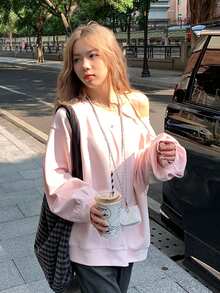 Women's Embroidered Asymmetric Shoulder Long Sleeve Casual Design Pullover Top - Pink - View 7