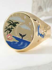 1pc Fashionable Popular Valentine'S Day Mermaid Love Cupid Painted Finger Rings For Women Jewelry Gift - Multicolor - View 3